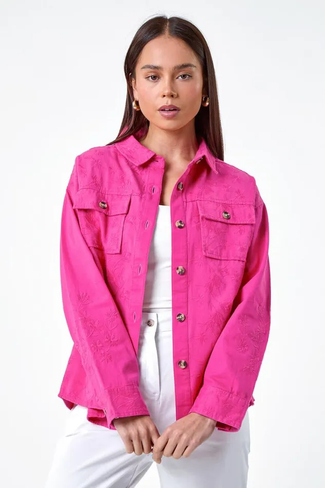Women Pink Petite Cotton Broderie Pocket Jacket Roman Jackets