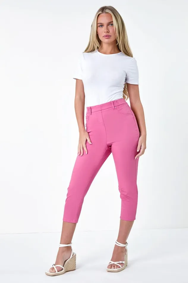 Women Pink Petite Elastic Waist Cropped Denim Jegging Roman Trousers