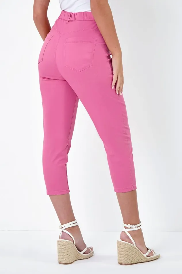 Women Pink Petite Elastic Waist Cropped Denim Jegging Roman Trousers