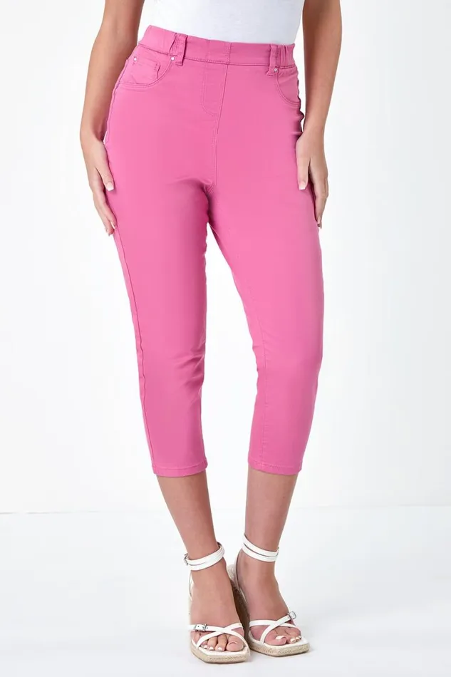 Women Pink Petite Elastic Waist Cropped Denim Jegging Roman Trousers