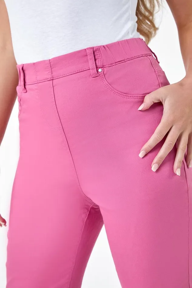 Women Pink Petite Elastic Waist Cropped Denim Jegging Roman Trousers