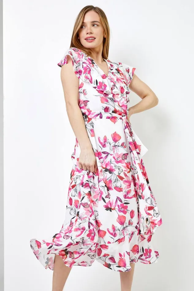 Women Pink Petite Floral Chiffon Frill Wrap Dress Roman Dresses