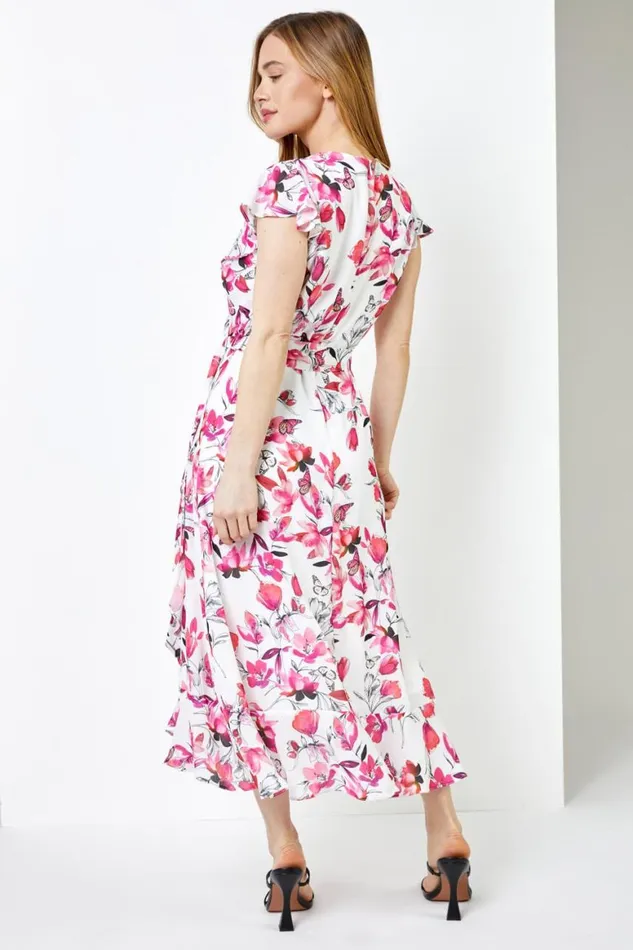 Women Pink Petite Floral Chiffon Frill Wrap Dress Roman Dresses