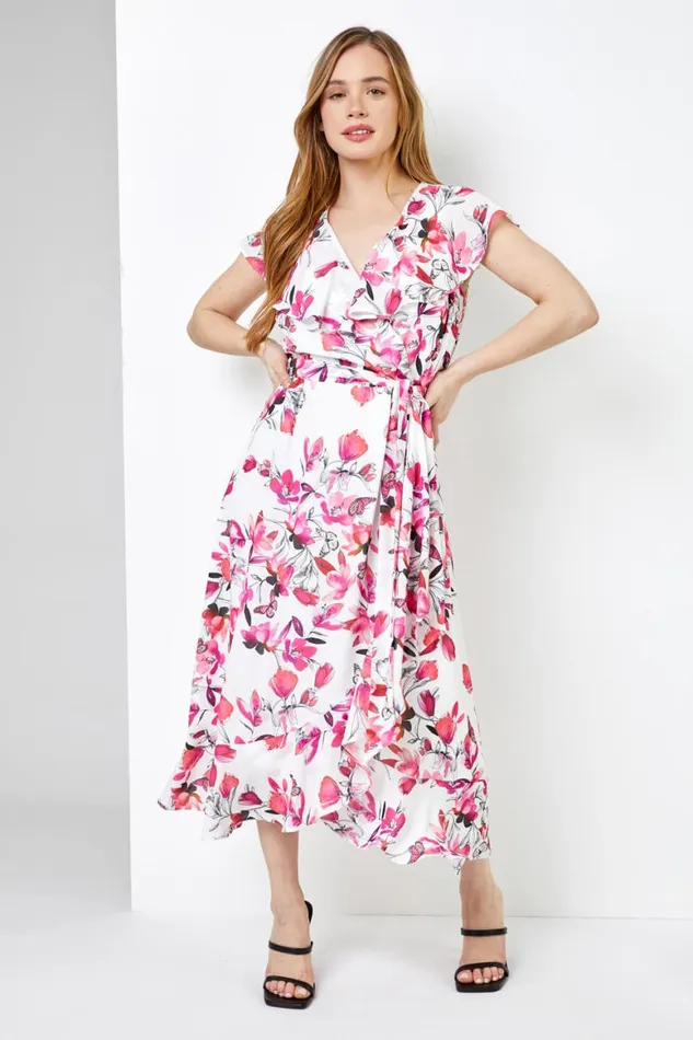 Women Pink Petite Floral Chiffon Frill Wrap Dress Roman Dresses