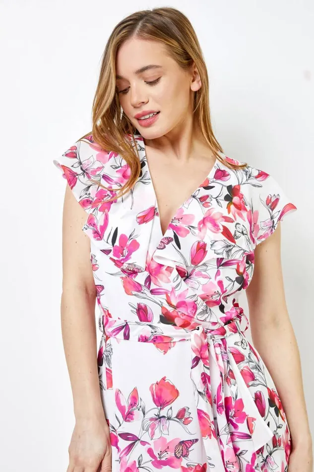 Women Pink Petite Floral Chiffon Frill Wrap Dress Roman Dresses