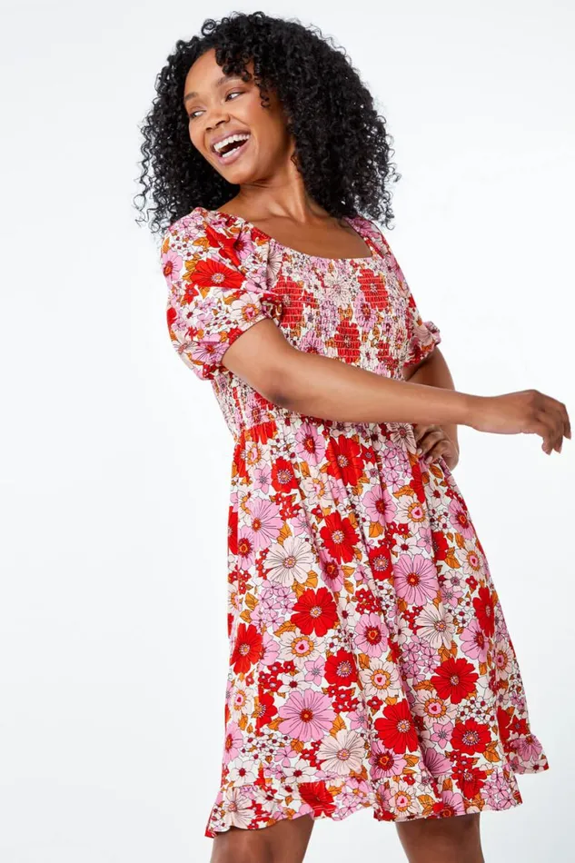 Women Pink Petite Floral Print Shirred Tea Dress Roman Dresses