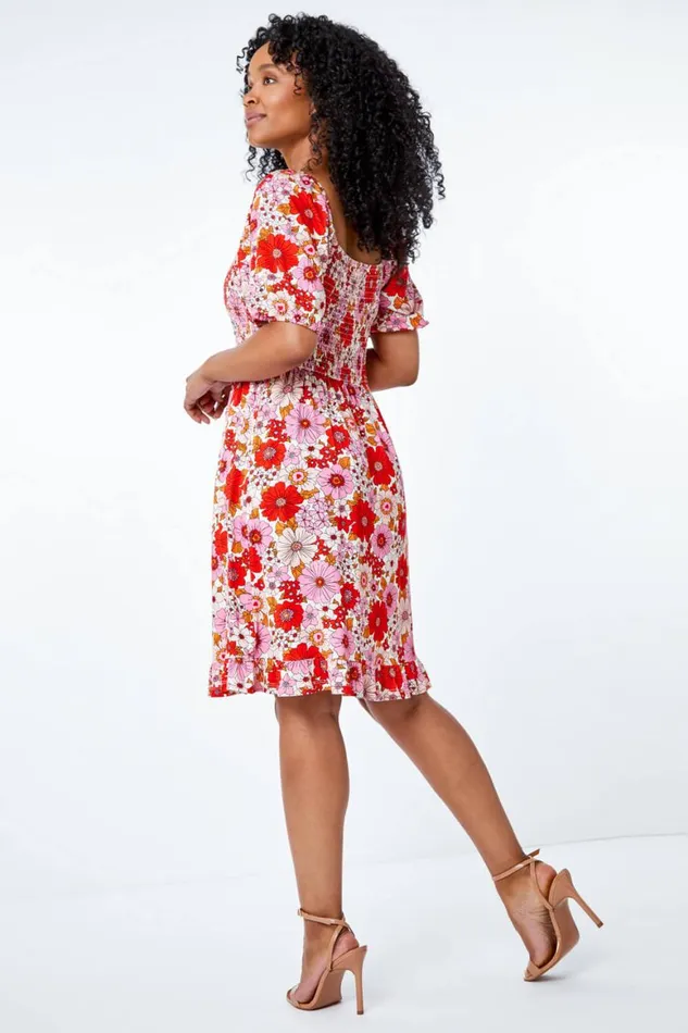 Women Pink Petite Floral Print Shirred Tea Dress Roman Dresses