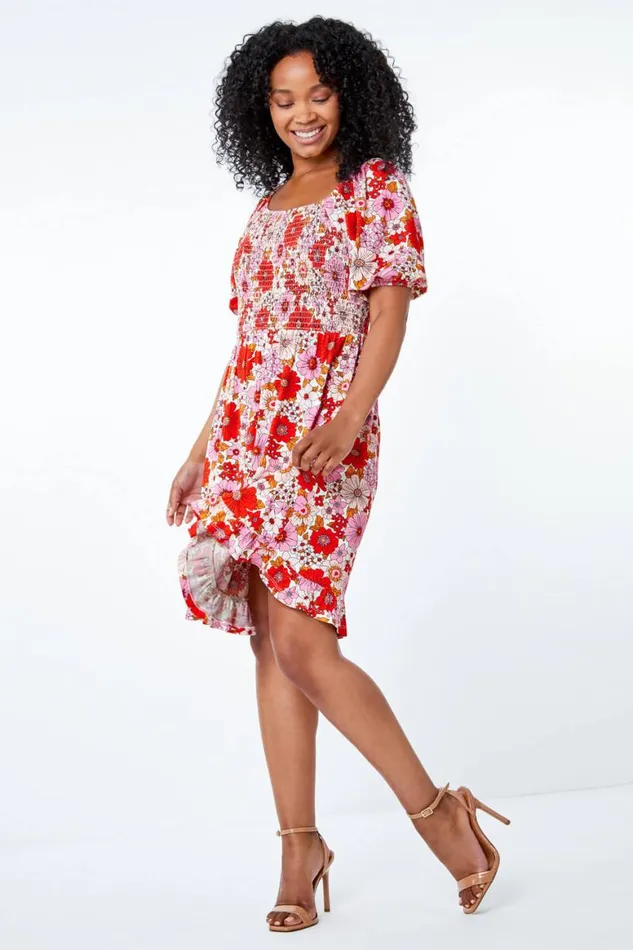 Women Pink Petite Floral Print Shirred Tea Dress Roman Dresses