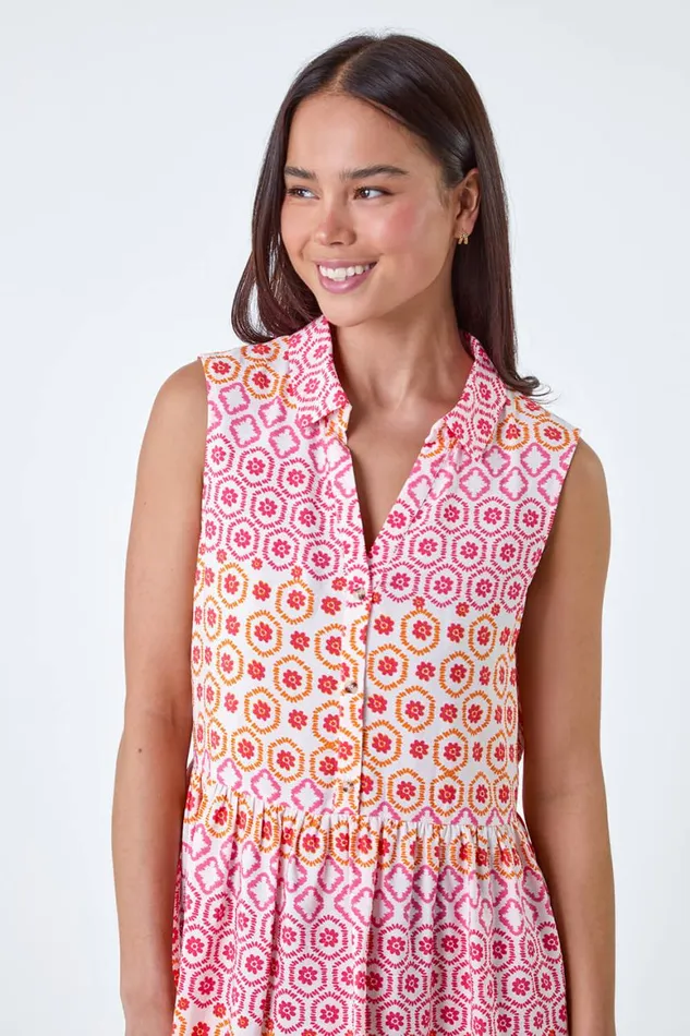Women Pink Petite Geometric Frill Hem Tunic Dress Roman Dresses