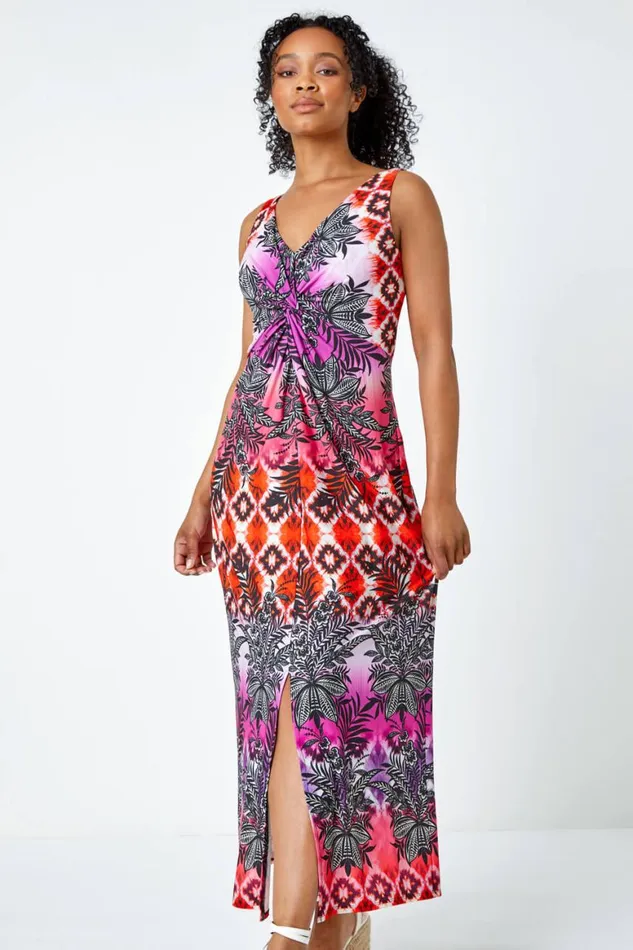 Women Pink Petite Sleeveless Twist Front Maxi Dress Roman Dresses