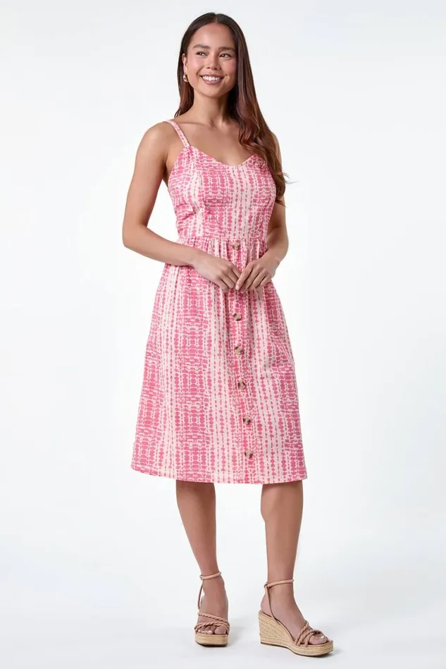 Women Pink Petite Tie Dye Button Front Dress Roman Dresses