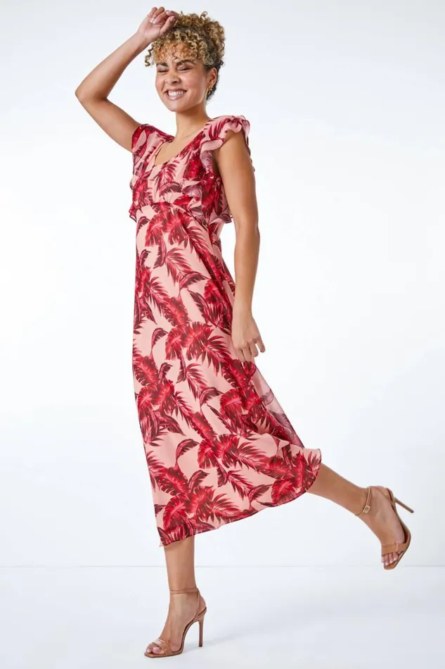 Women Pink Petite Tropical Print Frill Sleeve Midi Dress Roman Dresses