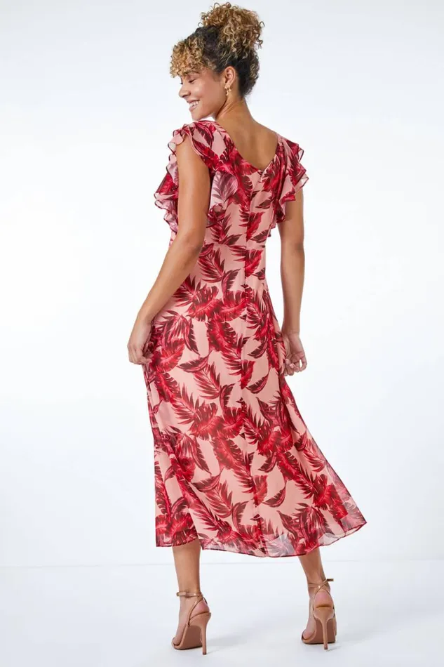 Women Pink Petite Tropical Print Frill Sleeve Midi Dress Roman Dresses