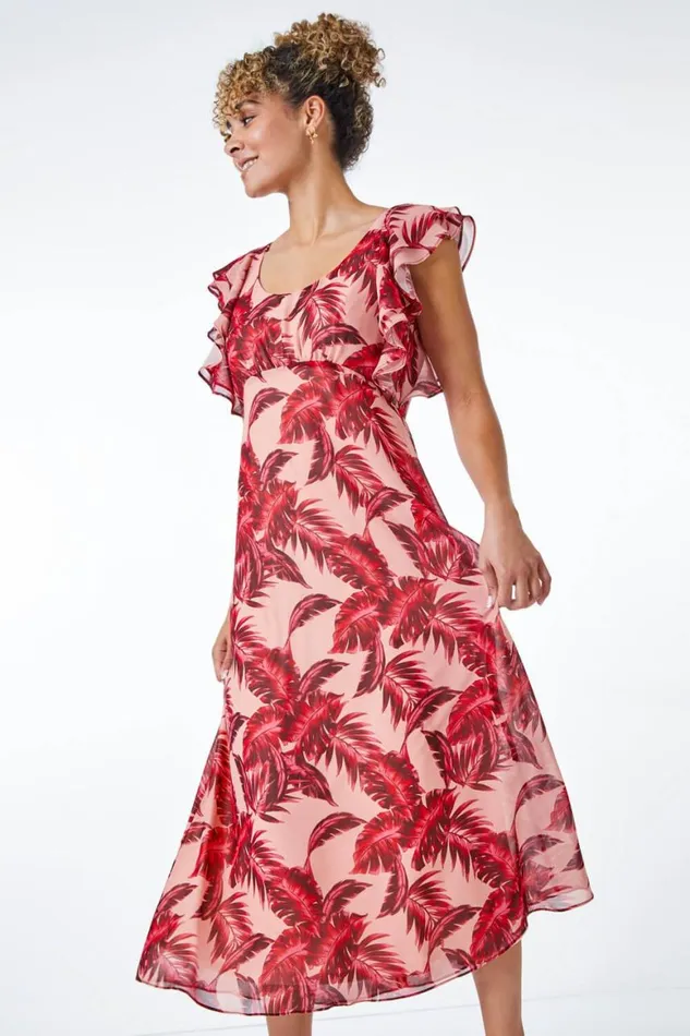 Women Pink Petite Tropical Print Frill Sleeve Midi Dress Roman Dresses