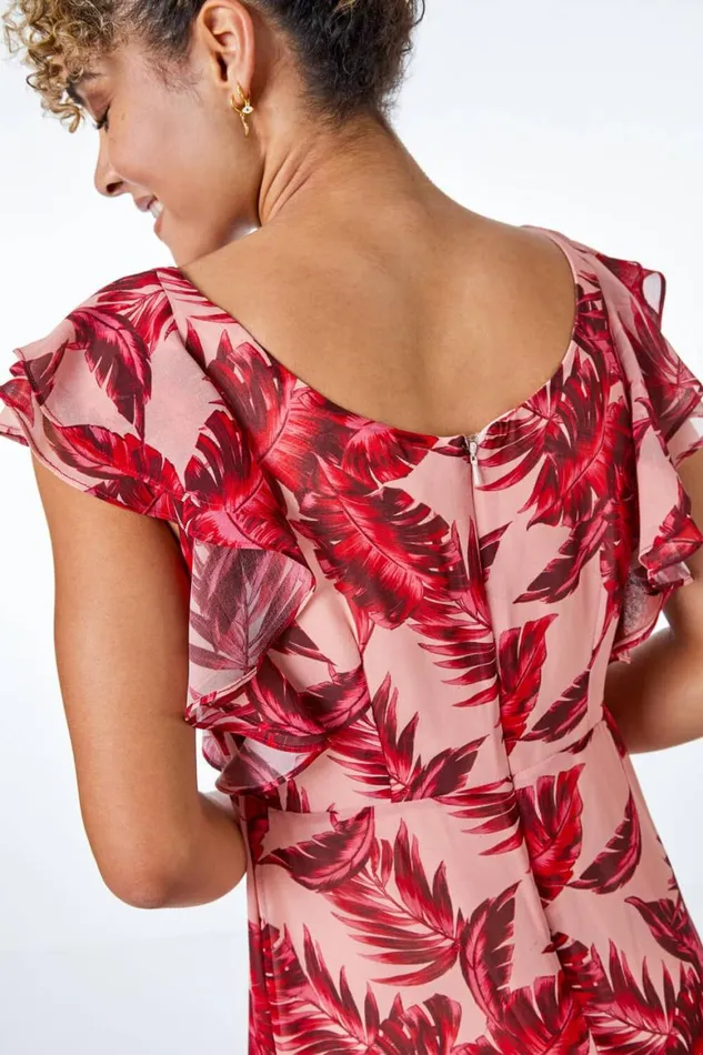 Women Pink Petite Tropical Print Frill Sleeve Midi Dress Roman Dresses