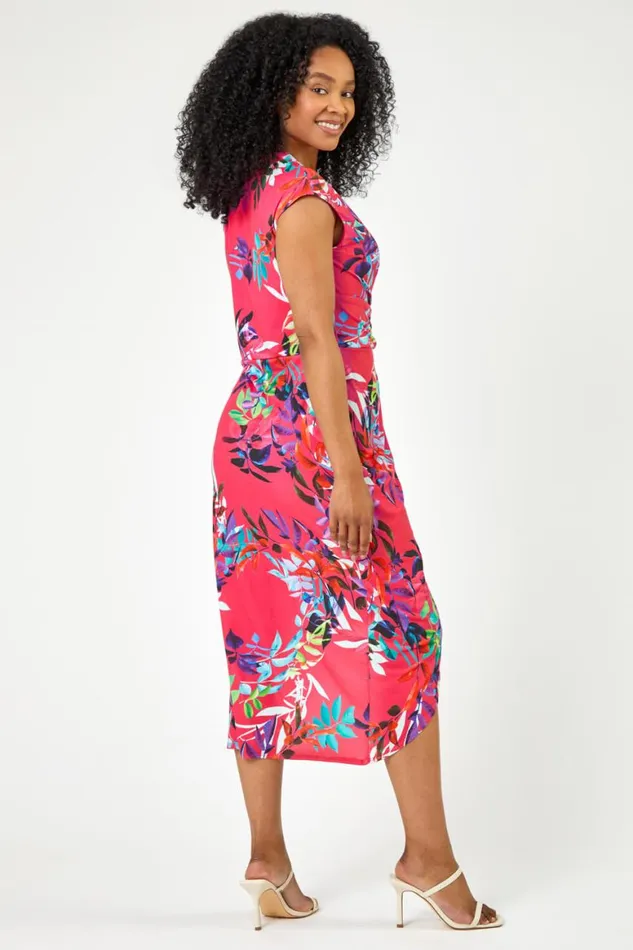 Women Pink Petite Tropical Print Ruched Wrap Dress Roman Dresses