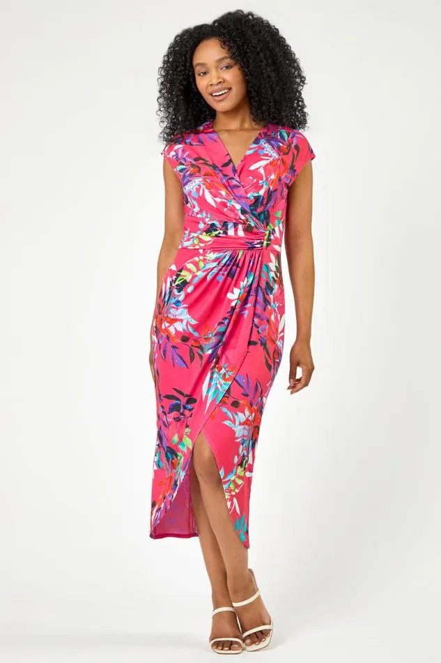 Women Pink Petite Tropical Print Ruched Wrap Dress Roman Dresses