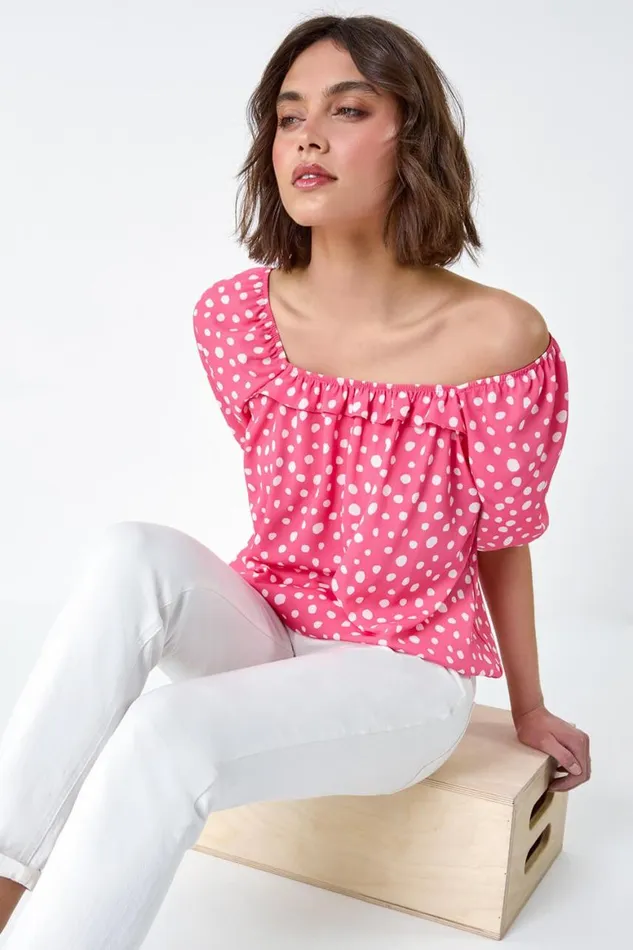 Women Pink Polka Dot Print Frill Trim Top Roman Tops