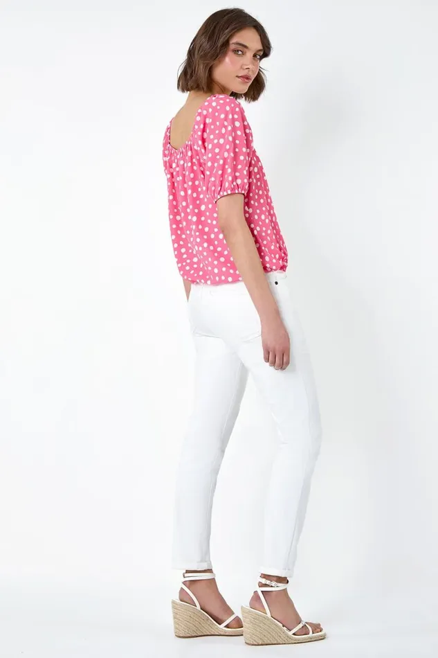 Women Pink Polka Dot Print Frill Trim Top Roman Tops
