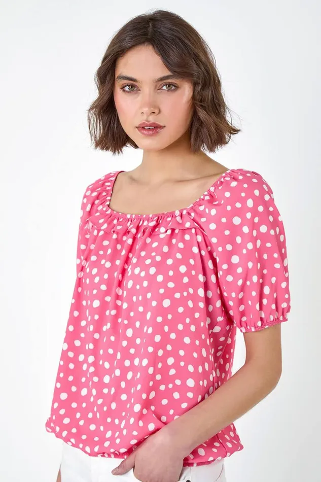 Women Pink Polka Dot Print Frill Trim Top Roman Tops