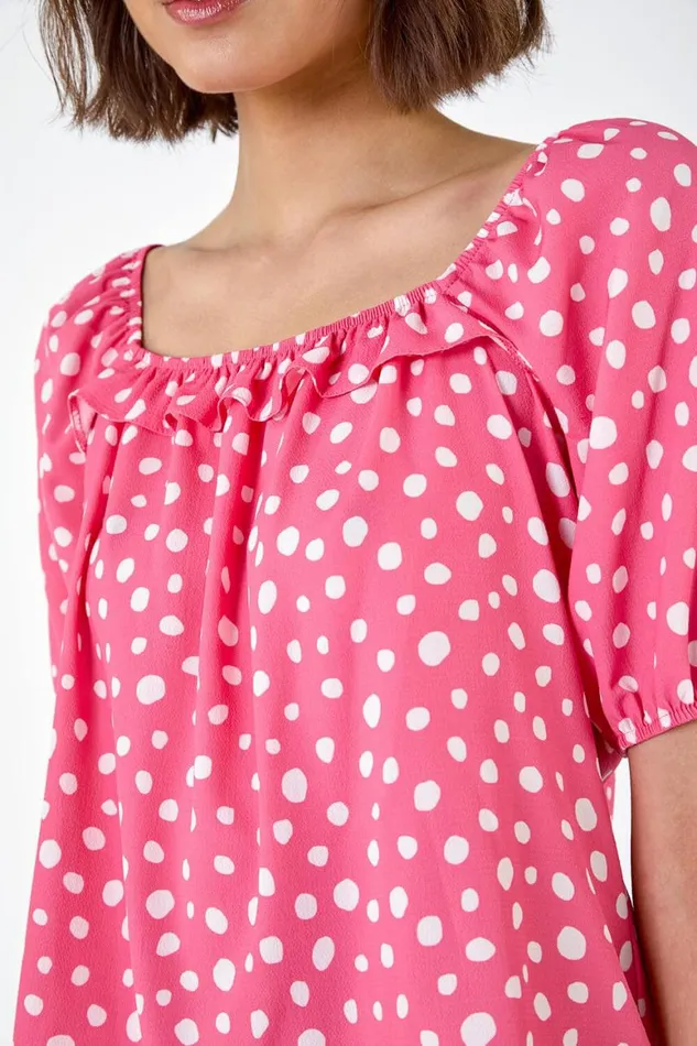 Women Pink Polka Dot Print Frill Trim Top Roman Tops
