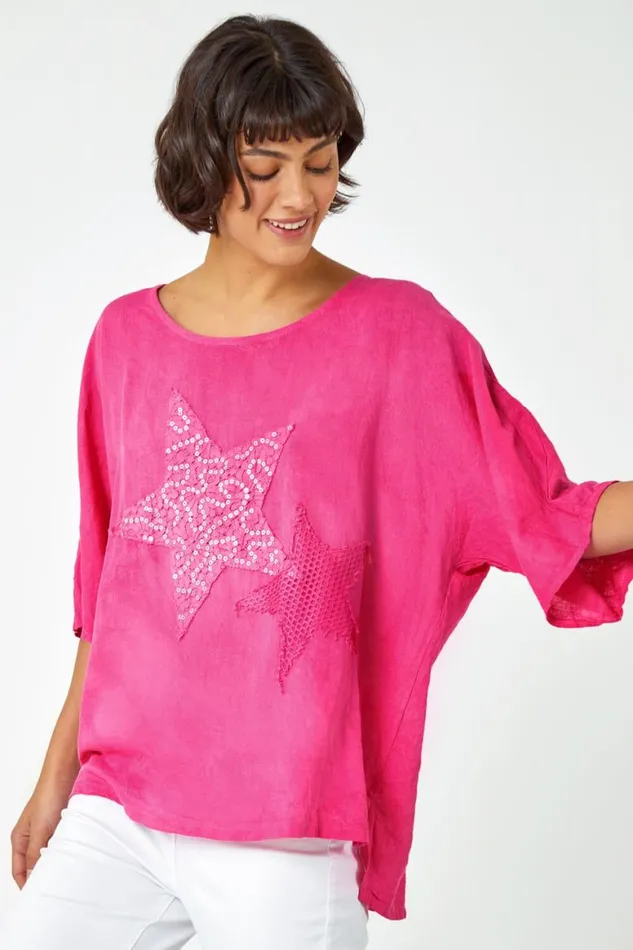 Women Pink Sequin Star Print Tunic Top Roman Tops