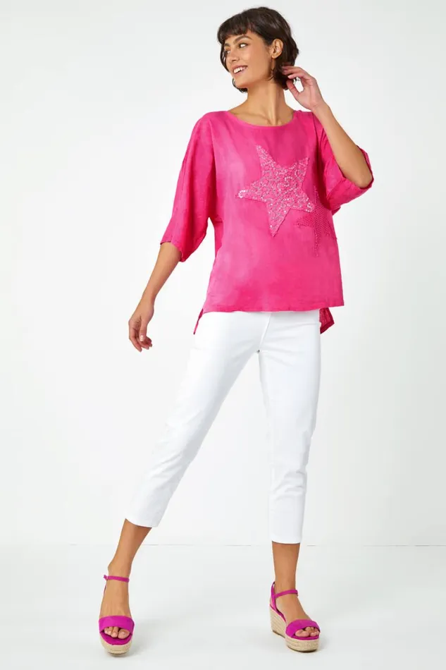 Women Pink Sequin Star Print Tunic Top Roman Tops