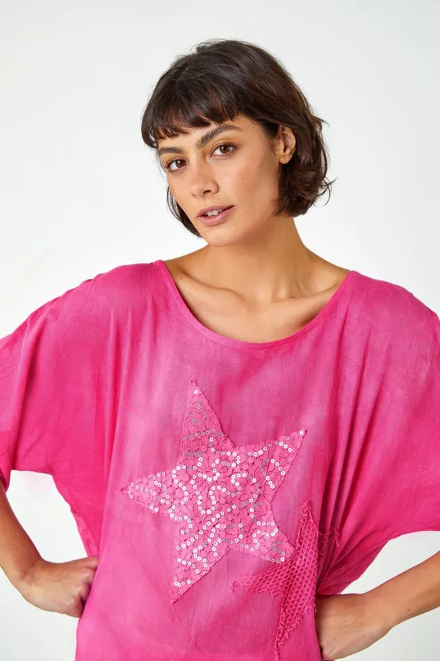 Women Pink Sequin Star Print Tunic Top Roman Tops