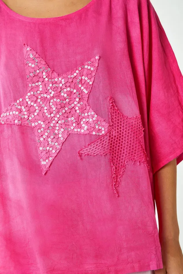 Women Pink Sequin Star Print Tunic Top Roman Tops