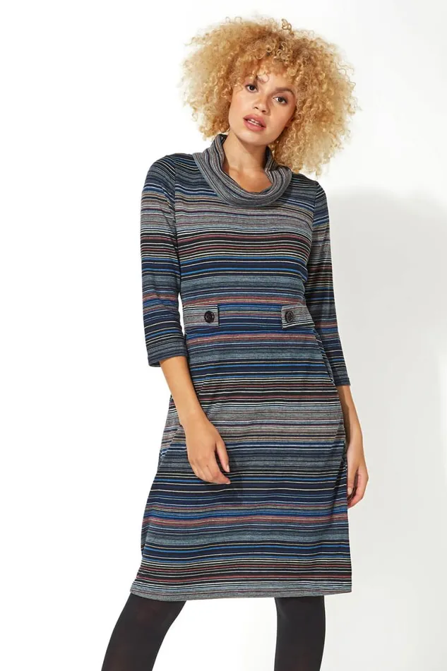 Women Pink Stripe Cowl Neck Button Detail Dress Roman Dresses