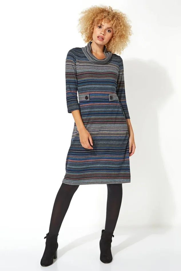 Women Pink Stripe Cowl Neck Button Detail Dress Roman Dresses