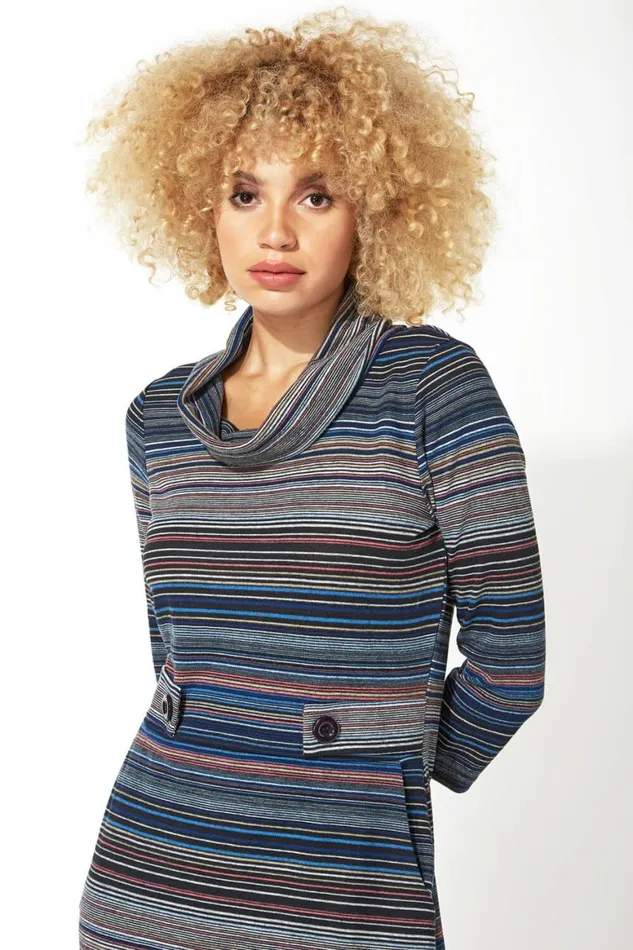 Women Pink Stripe Cowl Neck Button Detail Dress Roman Dresses