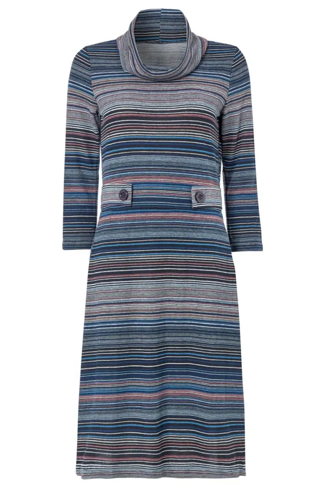 Women Pink Stripe Cowl Neck Button Detail Dress Roman Dresses