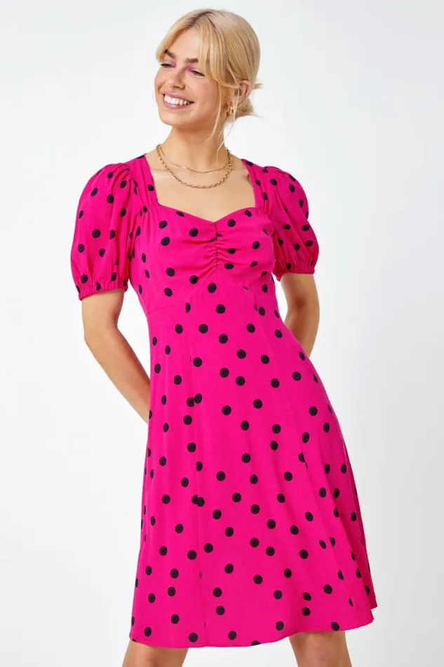 Women Pink Sweetheart Neck Polka Dot Dress Roman Dresses