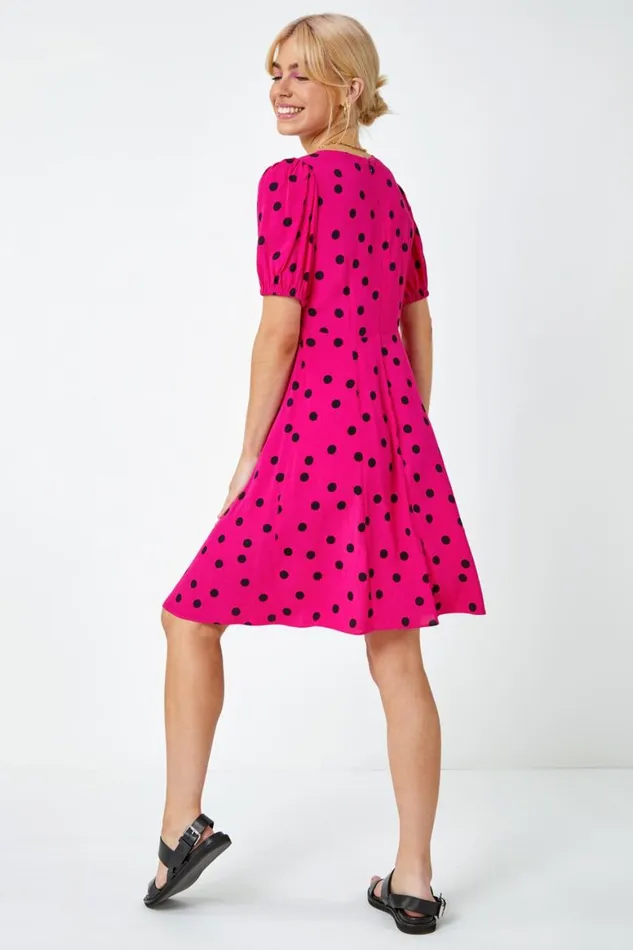 Women Pink Sweetheart Neck Polka Dot Dress Roman Dresses