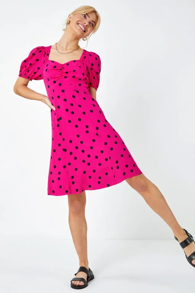 Women Pink Sweetheart Neck Polka Dot Dress Roman Dresses