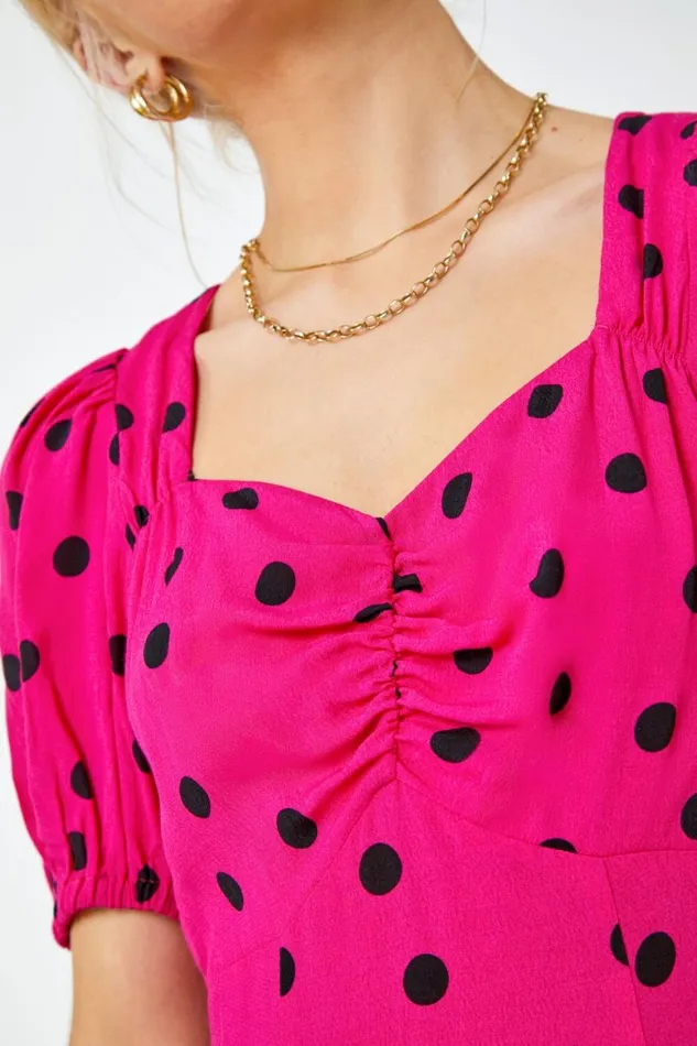 Women Pink Sweetheart Neck Polka Dot Dress Roman Dresses