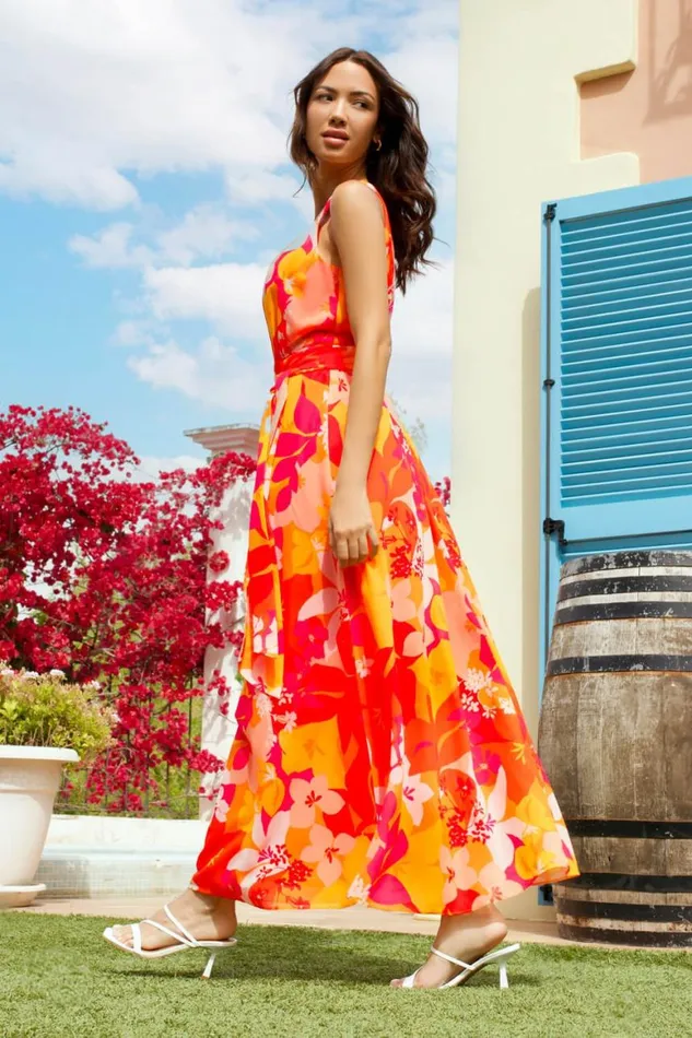 Women Pink Tropical Print Halterneck Maxi Dress Roman Dresses