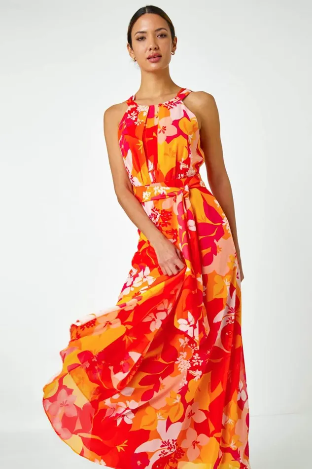 Women Pink Tropical Print Halterneck Maxi Dress Roman Dresses