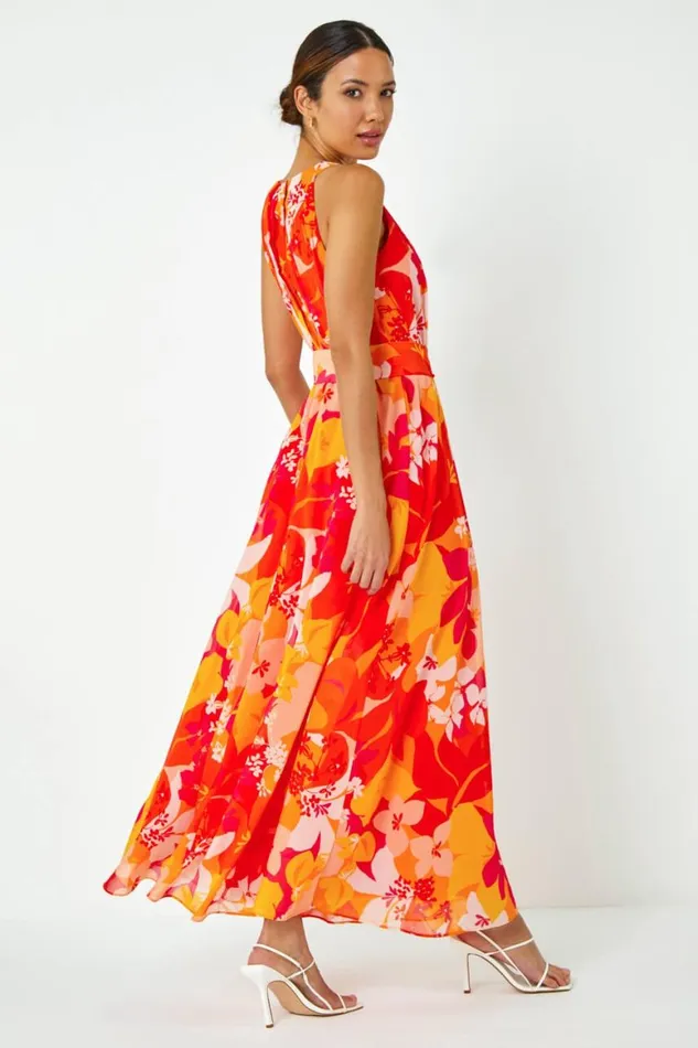 Women Pink Tropical Print Halterneck Maxi Dress Roman Dresses