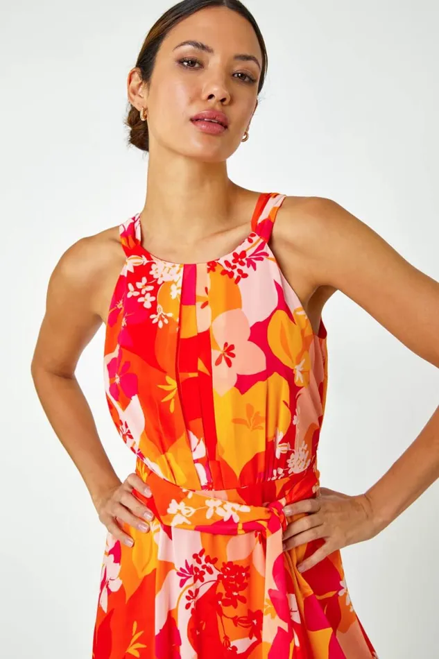 Women Pink Tropical Print Halterneck Maxi Dress Roman Dresses