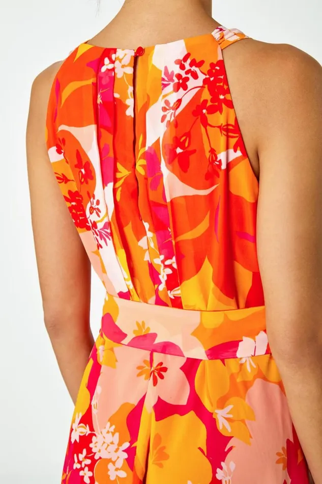 Women Pink Tropical Print Halterneck Maxi Dress Roman Dresses