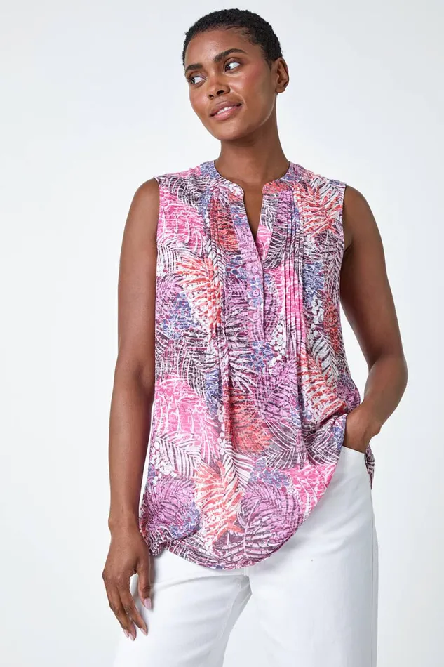 Women Pink Tropical Print VNeck Pintuck Top Roman Tops