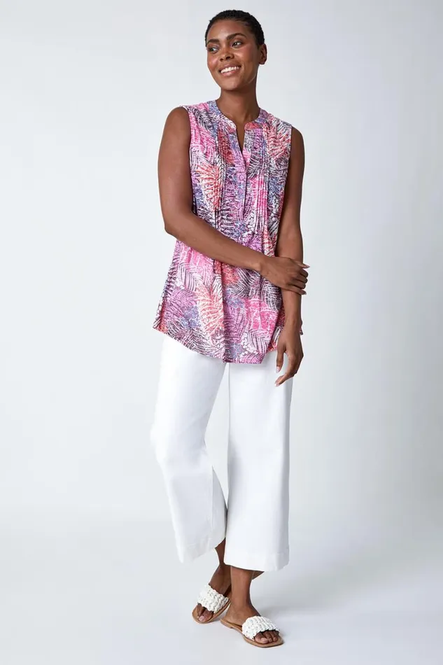 Women Pink Tropical Print VNeck Pintuck Top Roman Tops