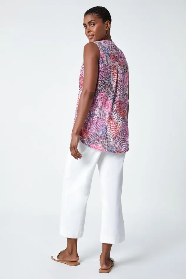 Women Pink Tropical Print VNeck Pintuck Top Roman Tops