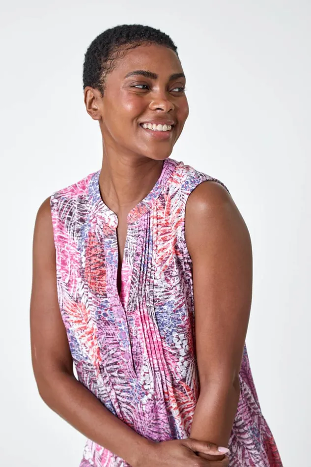 Women Pink Tropical Print VNeck Pintuck Top Roman Tops