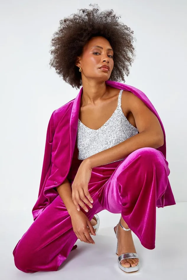 Women Pink Velvet Elastic Waist Wide Leg Trousers Roman Trousers