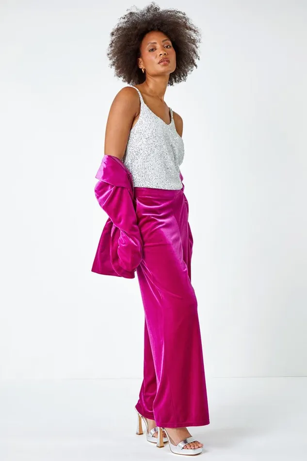 Women Pink Velvet Elastic Waist Wide Leg Trousers Roman Trousers