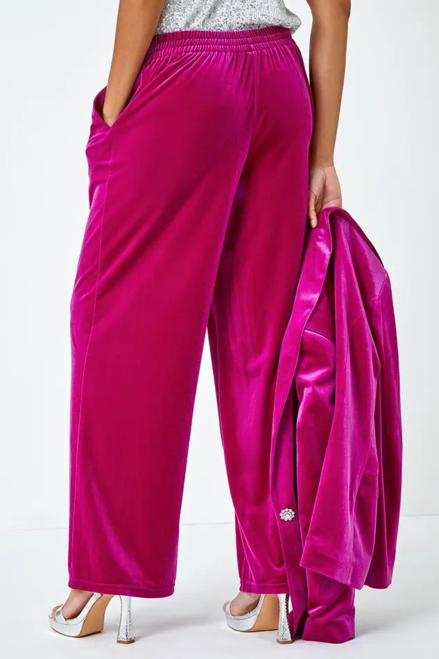 Women Pink Velvet Elastic Waist Wide Leg Trousers Roman Trousers