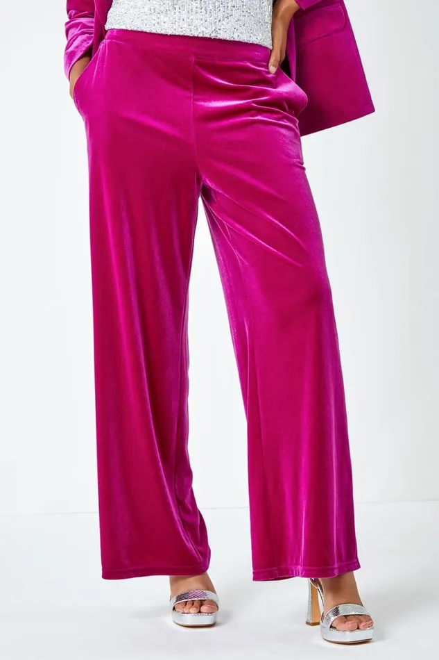 Women Pink Velvet Elastic Waist Wide Leg Trousers Roman Trousers